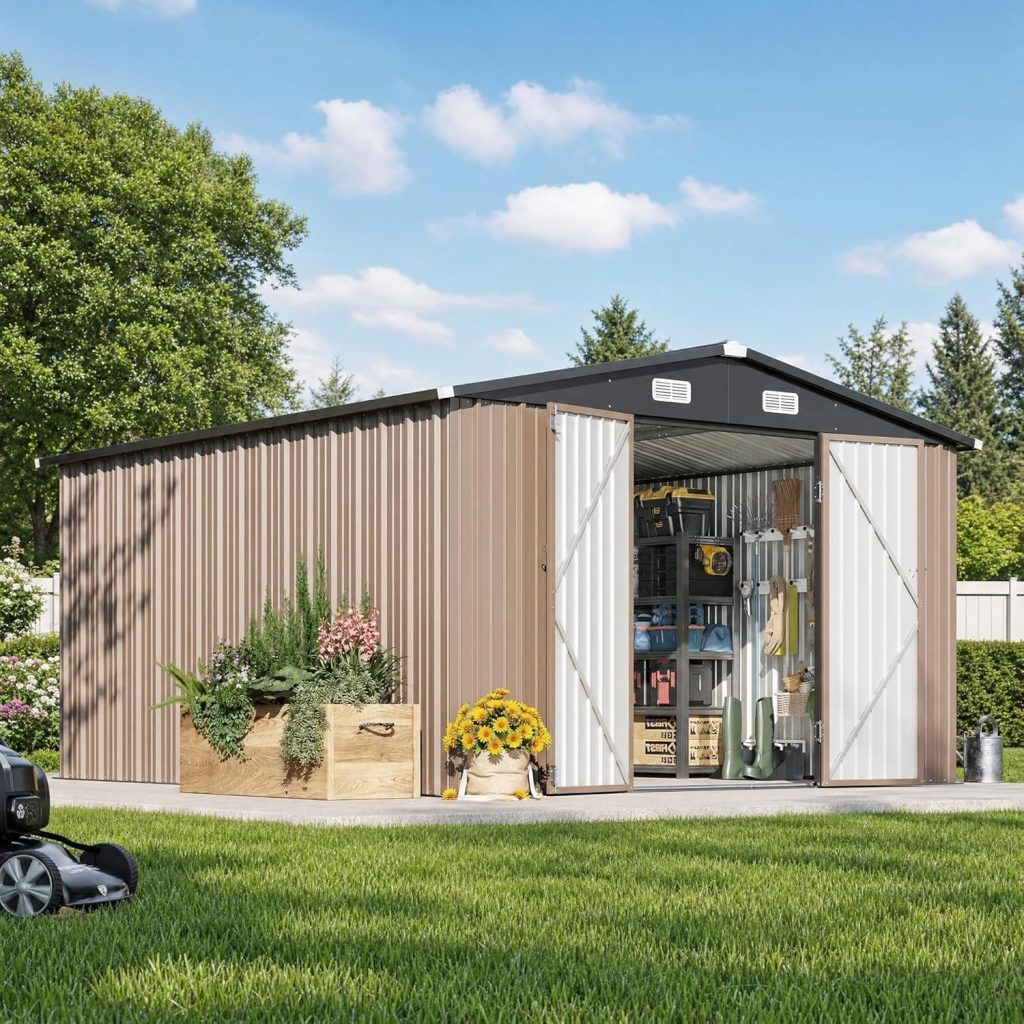 12 X 10FT Outdoor Storage Shed with Double Hinged Large Door, Brown