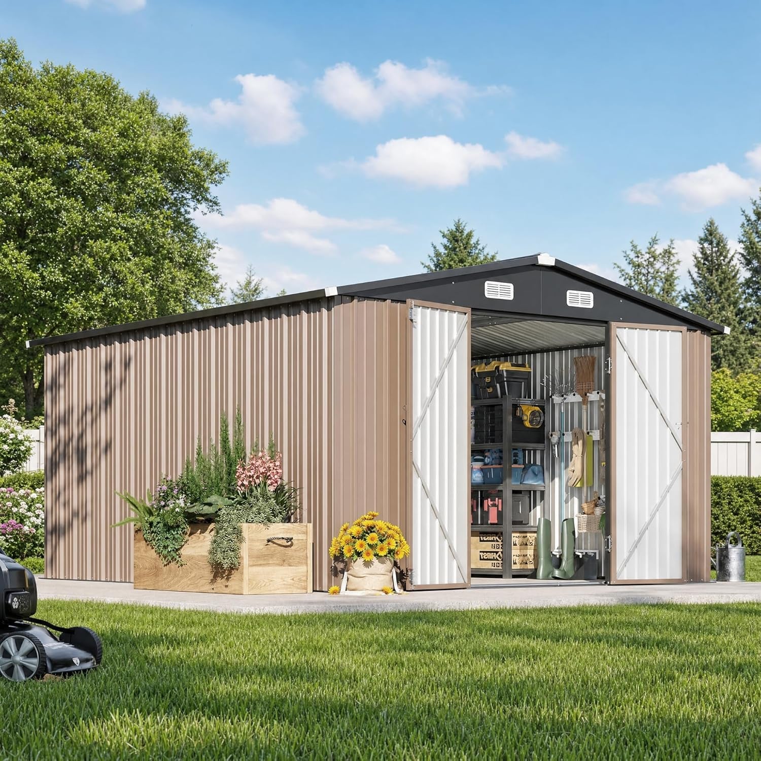 12 X 10FT Outdoor Storage Shed with Double Hinged Large Door, Brown