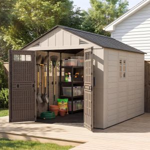 8X10 Ft Outdoor Storage Shed, Large Resin Outdoor Shed with Floor Included, 3 Windows & Lockable Door, Garden Plastic Storage Sheds for Bike, Lawn Tools, Garbage Can