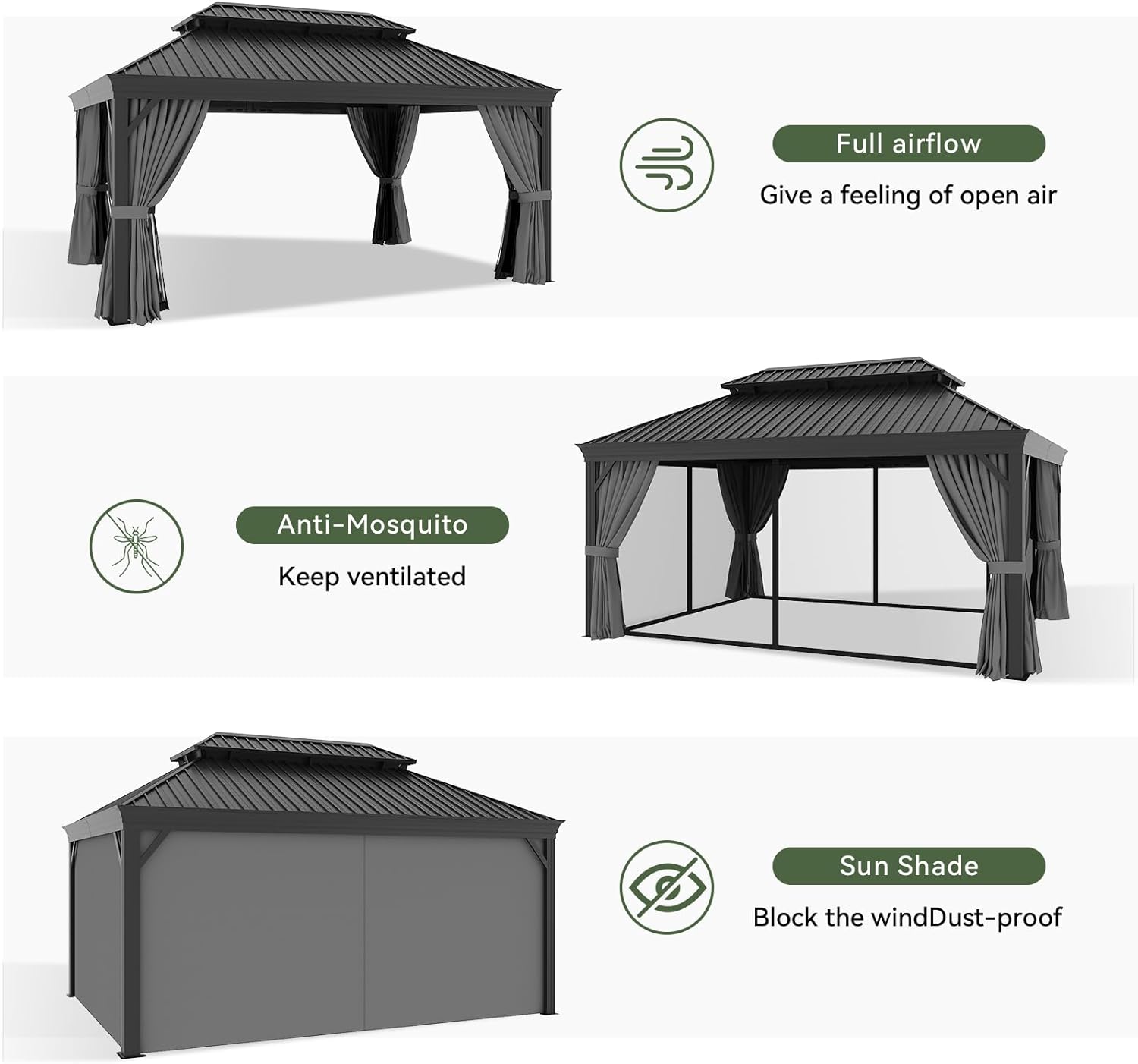 Aoxun 12x16 FT Hardtop Gazebo - Aluminum Outdoor Gazebo with Drainage System, Double Roof & Netting for Patio, Backyard & Gatherings - Image 8