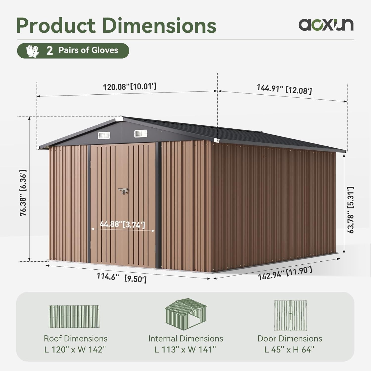 12 X 10FT Outdoor Storage Shed with Double Hinged Large Door, Brown