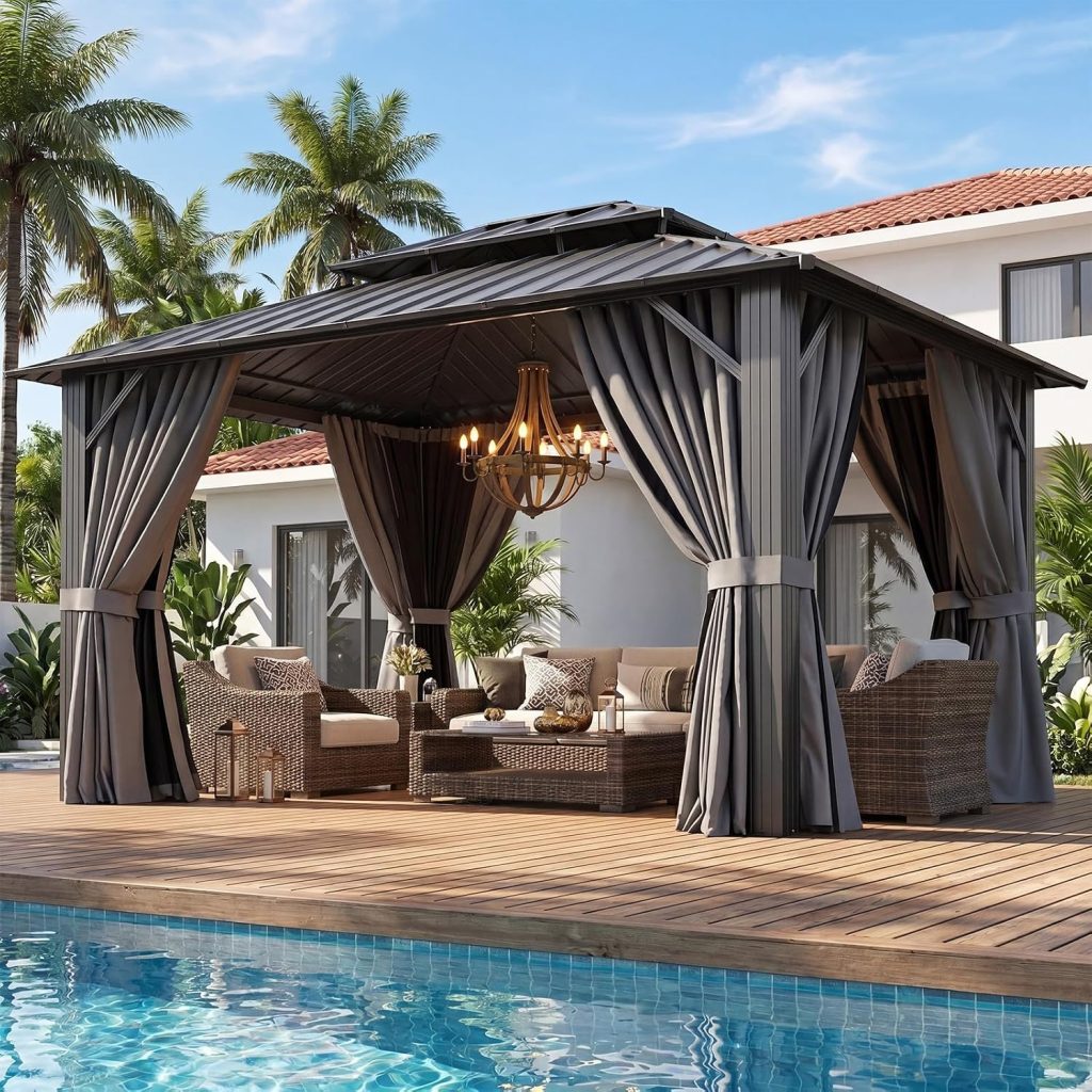 Aoxun 10x12 FT Hardtop Gazebo - Double Galvanized Steel Roof with Netting & Curtains for Patio, Backyard & Outdoor Dining