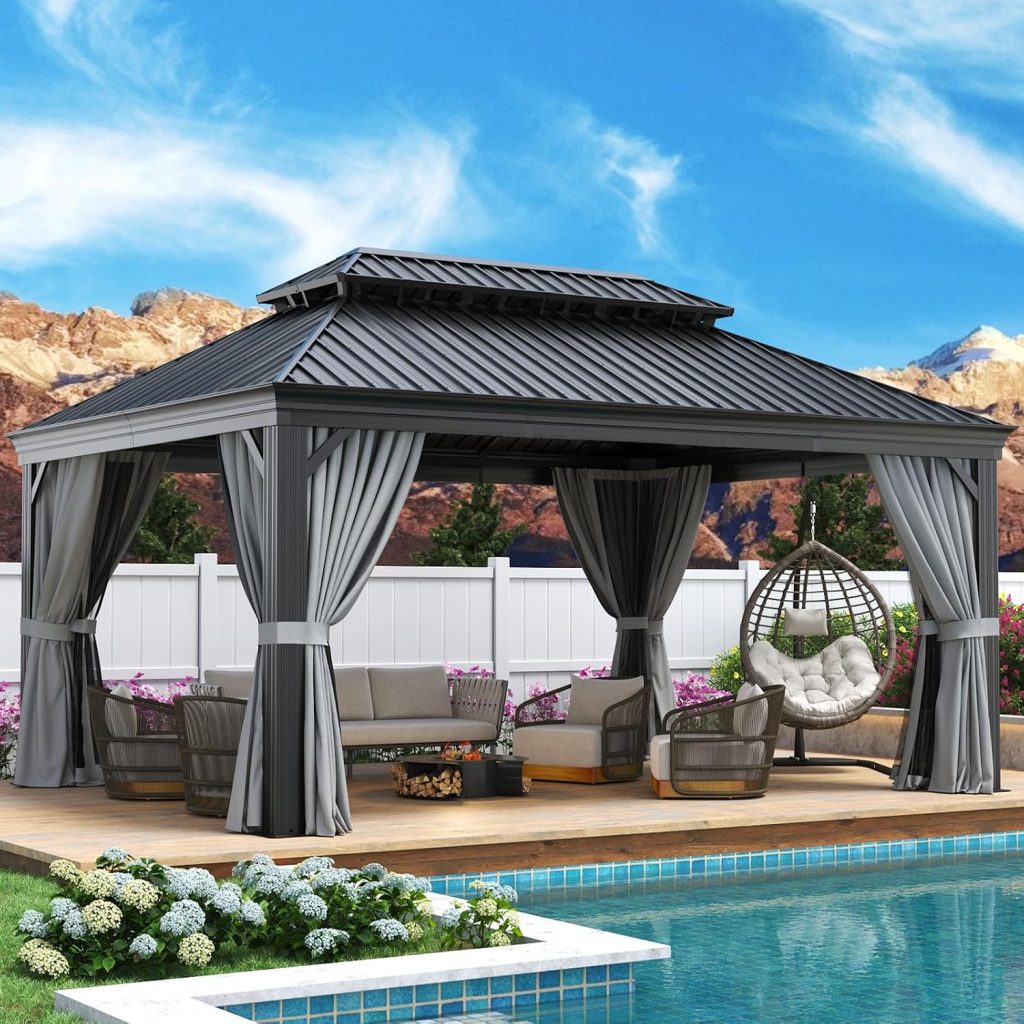 Aoxun 12x16 FT Hardtop Gazebo - Aluminum Outdoor Gazebo with Drainage System, Double Roof & Netting for Patio, Backyard & Gatherings