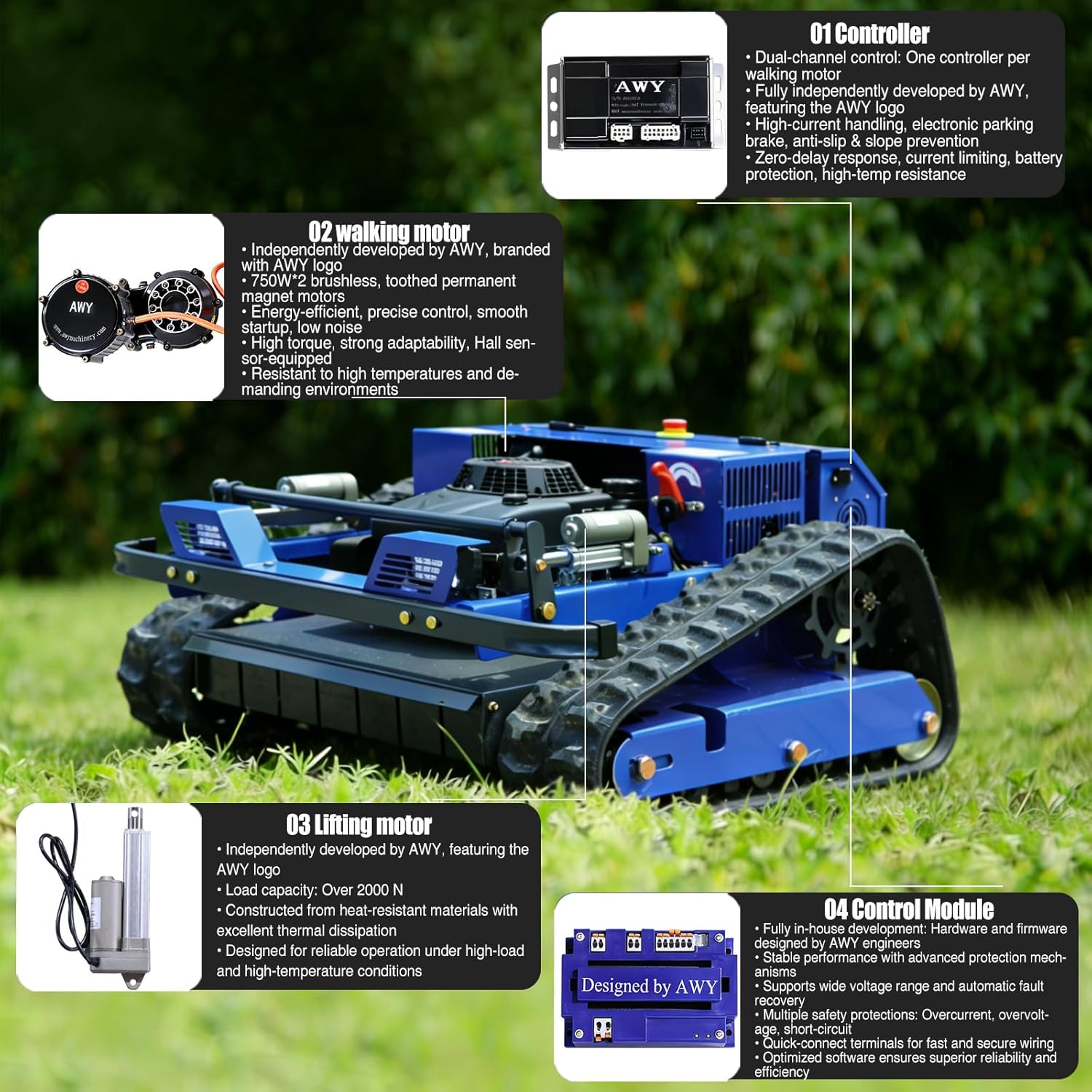 AIWEIYA AWY-550 Remote Control Lawn Mower - Gas-Electric Hybrid Crawler Mower for 45° Slopes - AWY-550 - Image 3