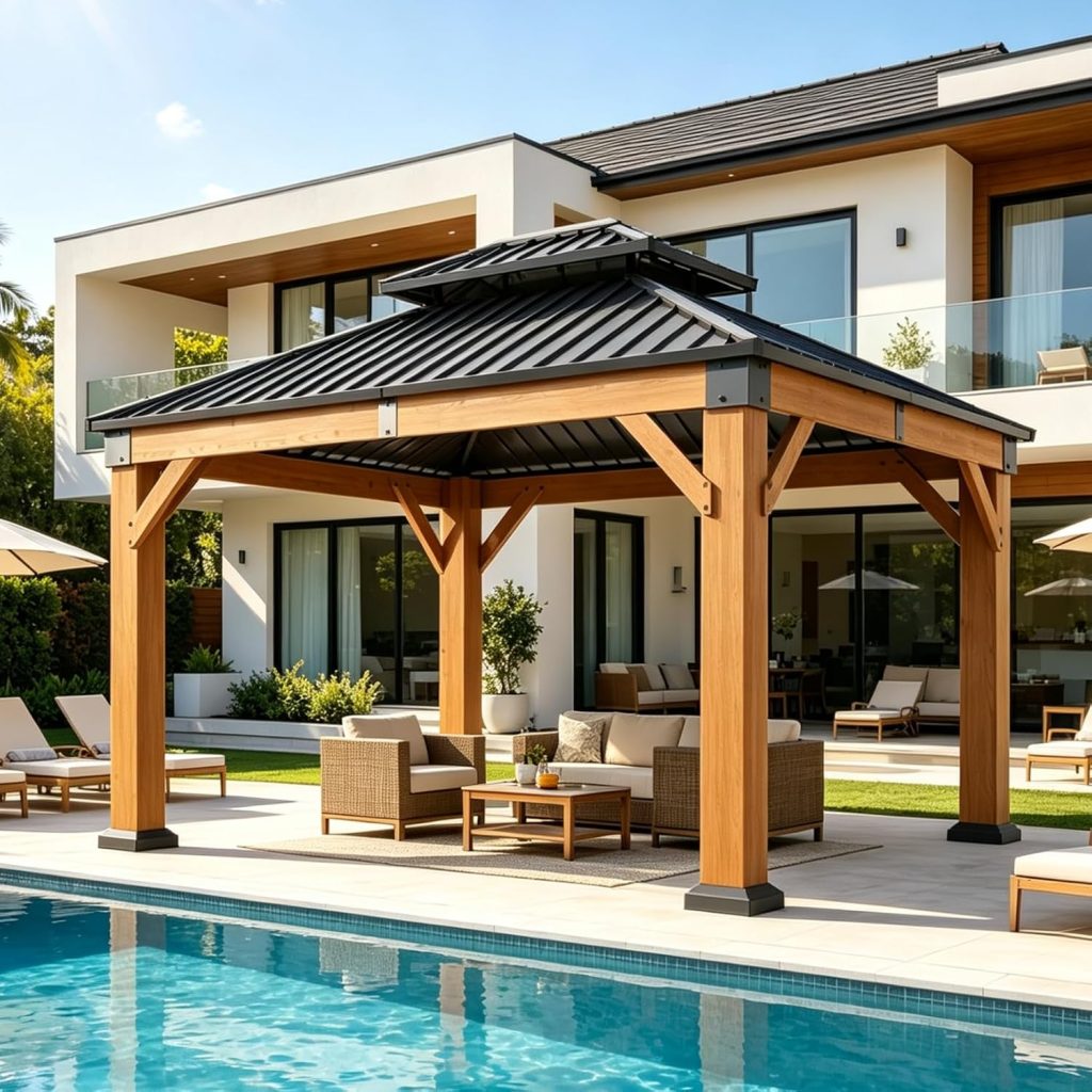 Aoxun 10x12 FT Outdoor Wood Gazebo - Hardtop Cedar Wood Gazebo with Double Roof for Patio, Backyard & Outdoor Gatherings