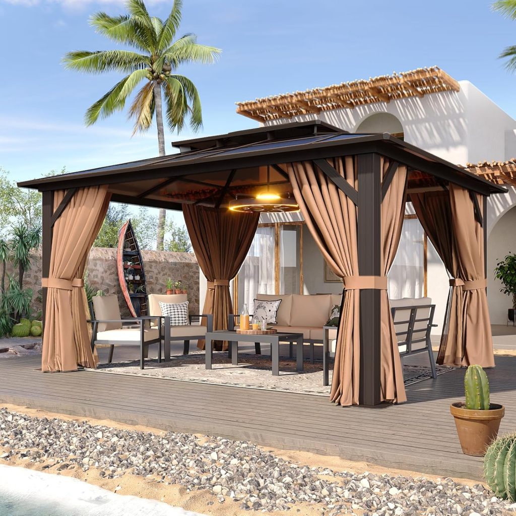 Aoxun 12x10 FT Hardtop Gazebo - Polycarbonate Double Roof with Curtains & Netting for Patio, Backyard & Outdoor Gatherings